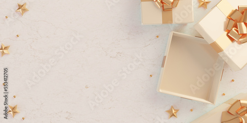 Christmas table setting with open gift box and gold accessories on marble background. Top view. Copy space . 3d