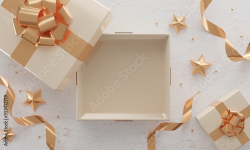 Christmas table setting with open gift box and gold accessories on marble background. Top view. Copy space . 3d