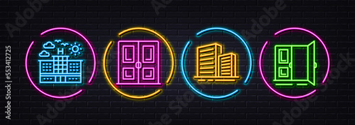 Hotel, Door and Buildings minimal line icons. Neon laser 3d lights. Open door icons. For web, application, printing. Travel, City architecture, Entrance. Neon lights buttons. Hotel glow line. Vector