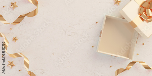 Christmas table setting with open gift box and gold accessories on marble background. Top view. Copy space . 3d