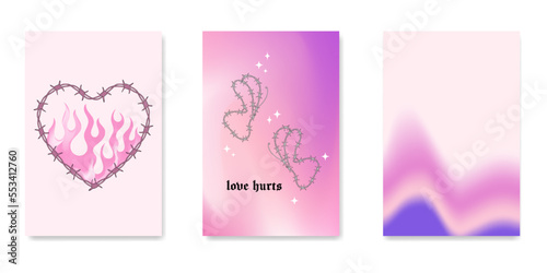 y2k gothic flame tattoo stickers. Retro psychedelic love art. Vector illustration of hand drawn elements, barbed wire, fire, butterfly, heart. Aesthetic nostalgic 2000s goth girly backgrounds.