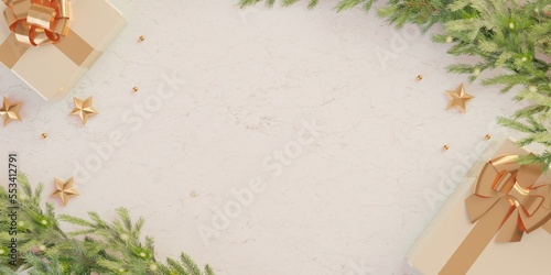 Christmas table setting with gift and gold accessories on marble background. Top view. Copy space . 3d