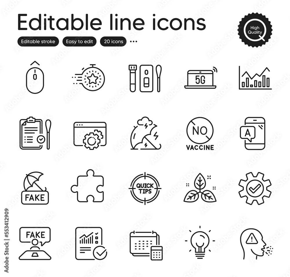 Set of Science outline icons. Contains icons as Cough, Checked calculation and Timer elements. Nasal test, Account, Stress protection web signs. Fake news, Covid test, Energy elements. Vector