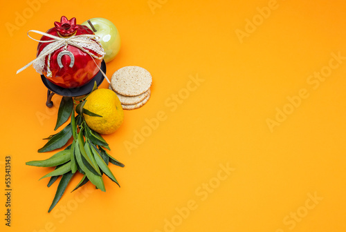 Gift pomegranate with a horseshoe for good luck, a green apple, traditional bread and a ripe tangerine on a branch on a yellow background