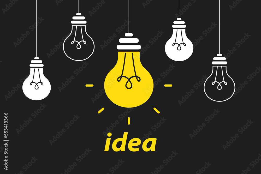 Creative idea. Light bulbs with one hanging and glowing. Trendy flat vector light bulb icons with concept of idea. Innovation, solution, education. Symbol of creativity, creative idea, mind, thinking