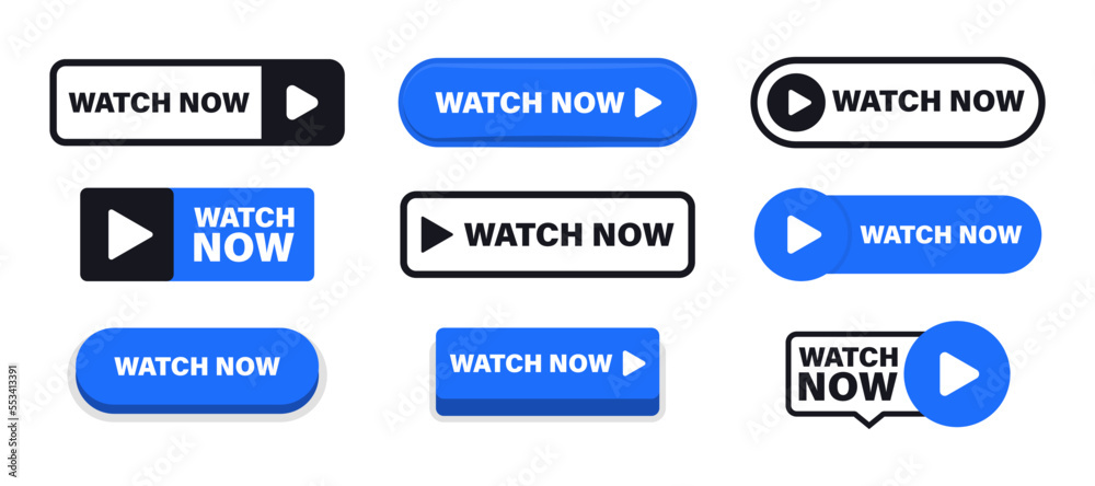 Set of Watch now buttons. Play video buttons in flat style. Watch video. Play now. Web media. Online translation. Set of vector modern trendy flat buttons for website. UI element. Vector illustration - obrazy, fototapety, plakaty 