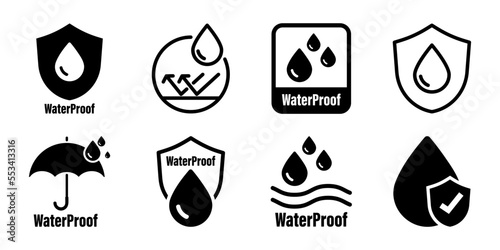 Waterproof icons. Water Proof. Collection of water resistant signs. Water protection, liquid proof protection. Shield with water drop. Anti wetting material, hydrophobic fabric, surface protection photo