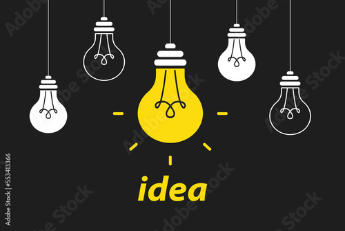 Creative idea. Light bulbs with one hanging and glowing. Trendy flat vector light bulb icons with concept of idea. Innovation, solution, education. Symbol of creativity, creative idea, mind, thinking