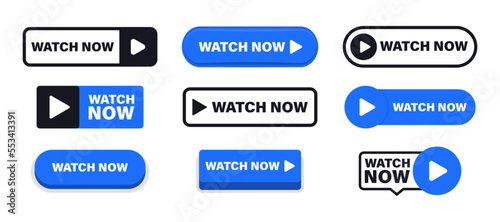 Set of Watch now buttons. Play video buttons in flat style. Watch video. Play now. Web media. Online translation. Set of vector modern trendy flat buttons for website. UI element. Vector illustration