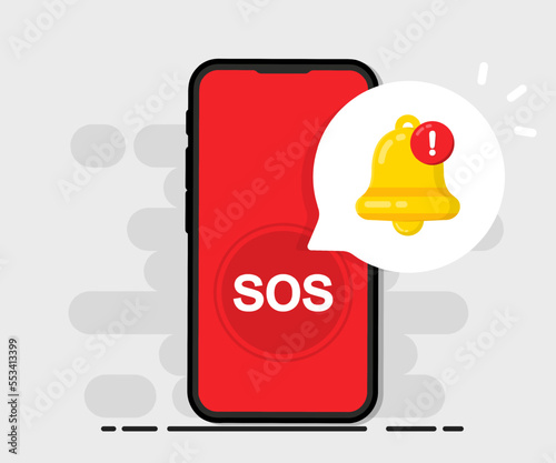 SOS notification on screen phone. SOS emergency call in the phone. 911 call on screen smartphone. A cry for help. Calling for help Vector stock illustration