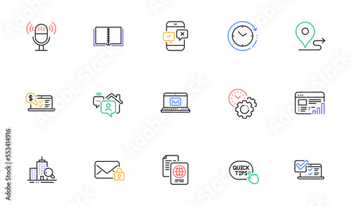 Work home, Time management and Web report line icons for website, printing. Collection of Phone survey, Book, Journey icons. Online accounting, Passport document, Time change web elements. Vector