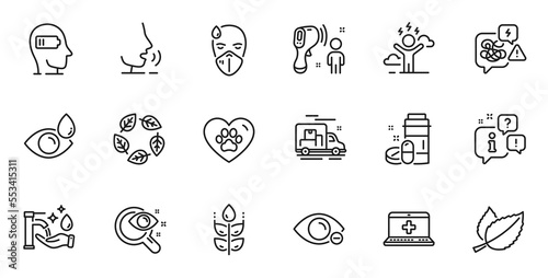 Outline set of Myopia, Eye drops and Difficult stress line icons for web application. Talk, information, delivery truck outline icon. Include Pets care, Stress, Weariness icons. Vector