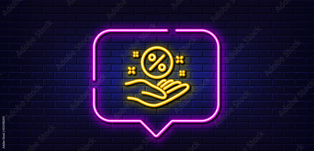 Neon light speech bubble. Loan percent line icon. Discount sign. Credit percentage symbol. Neon light background. Loan percent glow line. Brick wall banner. Vector Neon light speech bubble. Loan percent line icon. Discount sign. Credit percentage symbol. Neon light background. Loan percent glow line. Brick wall banner. Vector