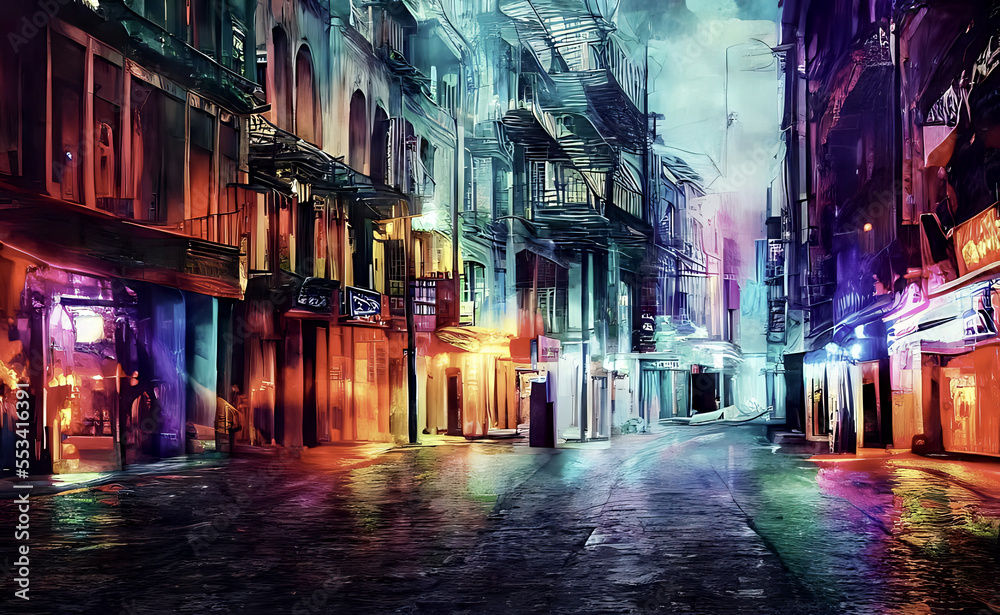 Colorfully lit side street in a big city at night, made with generative ai