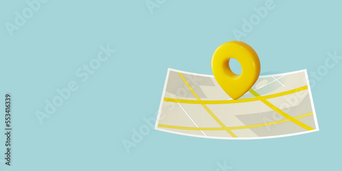 Locator mark on paper city map shows destination, address, geo position, gps coordinates. 3d pin icon placed on street crossroads as direction point.