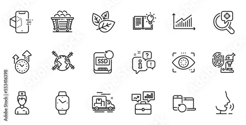 Outline set of Medical analyzes, Product knowledge and World vaccination line icons for web application. Talk, information, delivery truck outline icon. Vector