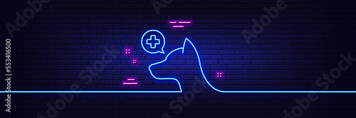 Neon light glow effect. Veterinary clinic line icon. Dog care sign. Pets health symbol. 3d line neon glow icon. Brick wall banner. Veterinary clinic outline. Vector