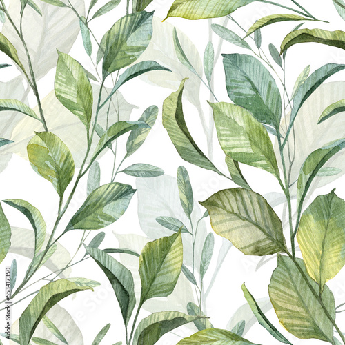 Square seamless pattern with hand painted detailed botany leaves on twigs. High quality floral background for wallpapers and wrapping paper design