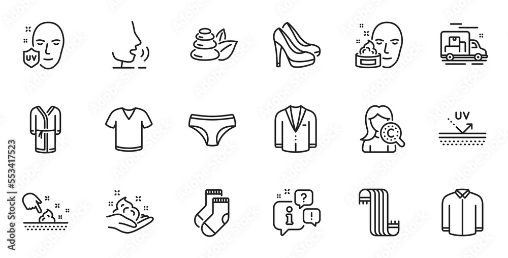 Outline set of Bathrobe, Collagen skin and Socks line icons for web application. Talk, information, delivery truck outline icon. Include T-shirt, Skin care, Shirt icons. Vector Outline set of Bathrobe, Collagen skin and Socks line icons for web application. Talk, information, delivery truck outline icon. Include T-shirt, Skin care, Shirt icons. Vector