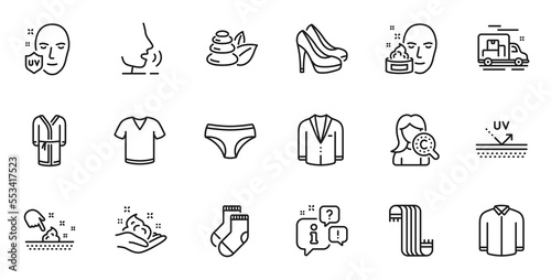 Outline set of Bathrobe, Collagen skin and Socks line icons for web application. Talk, information, delivery truck outline icon. Include T-shirt, Skin care, Shirt icons. Vector
