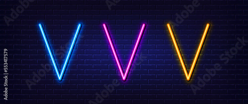 Initial letter V icon. Neon light line effect. Line typography character sign. Large first font letter. Glowing neon light element. Letter V glow 3d line. Brick wall banner. Vector