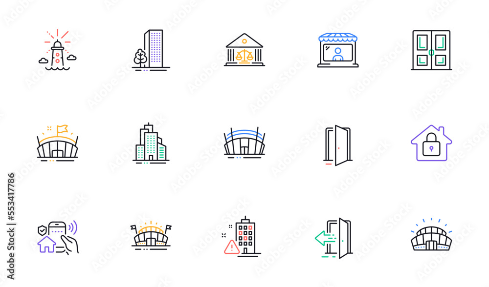 Door, Lock and Arena stadium line icons for website, printing. Collection of Buildings, Open door, Court building icons. Sports stadium, Entrance, Sports arena web elements. Vector