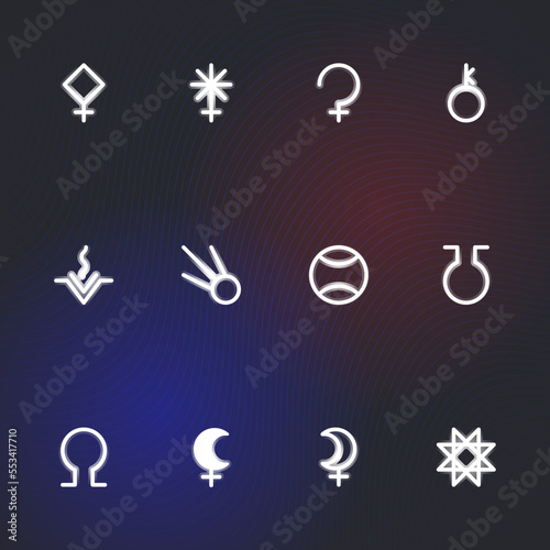 ASTEROID GODDESSES zodiac horoscope thin line label linear design esoteric stylized elements symbols signs. Vector illustration icons
