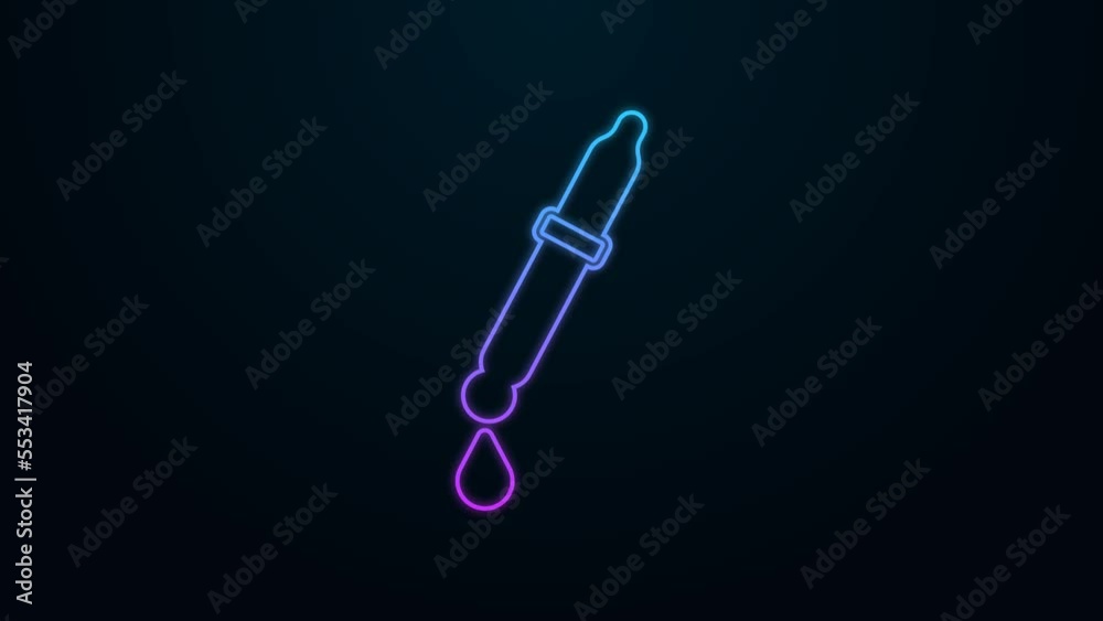 Glowing neon line Pipette icon isolated on black background. Element of medical, chemistry lab equipment. Pipette with drop. Medicine symbol. 4K Video motion graphic animation Glowing neon line Pipette icon isolated on black background. Element of medical, chemistry lab equipment. Pipette with drop. Medicine symbol. 4K Video motion graphic animation