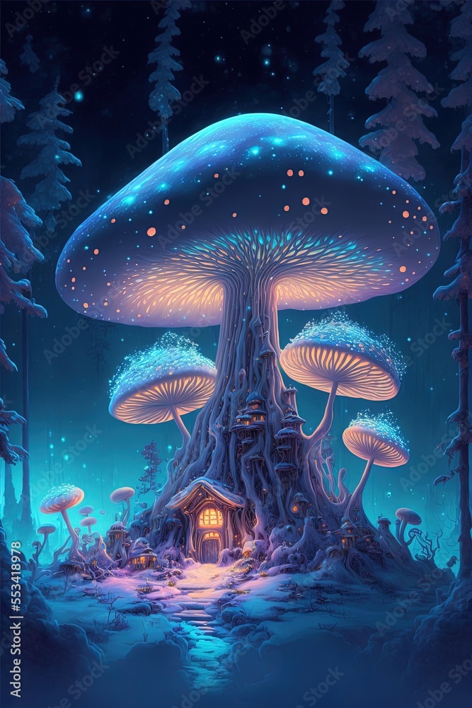 Fototapeta premium A fantasy house of illuminated mushrooms, a fabulous world. AI Generative
