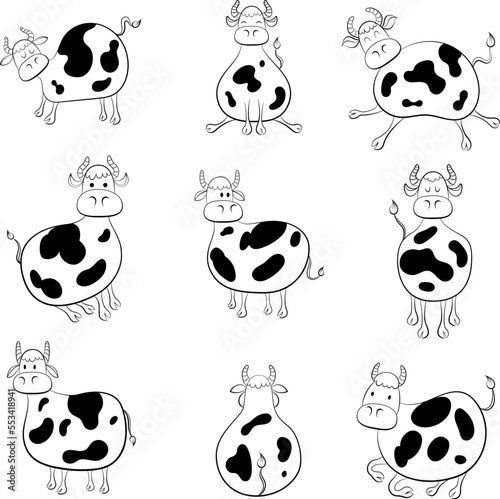 Outline set of farm animals. Children's illustration of cow poses. Cute designs doodle style.