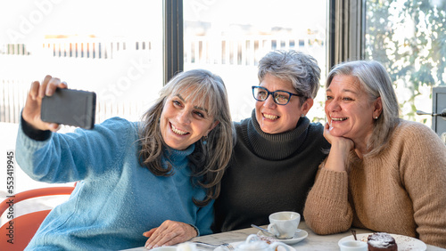 Obraz na płótnie group of elderly women have breakfast in a cafe and enjoy taking photos for social networks, women with gray hair, senior lifestyle w salonie