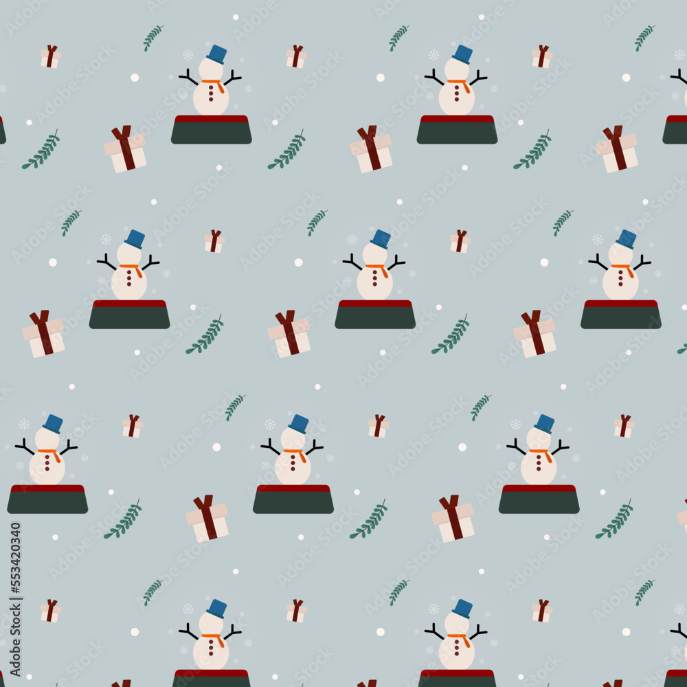 Snowman in Christmas and seasonal elements background seamless pattern in vector.