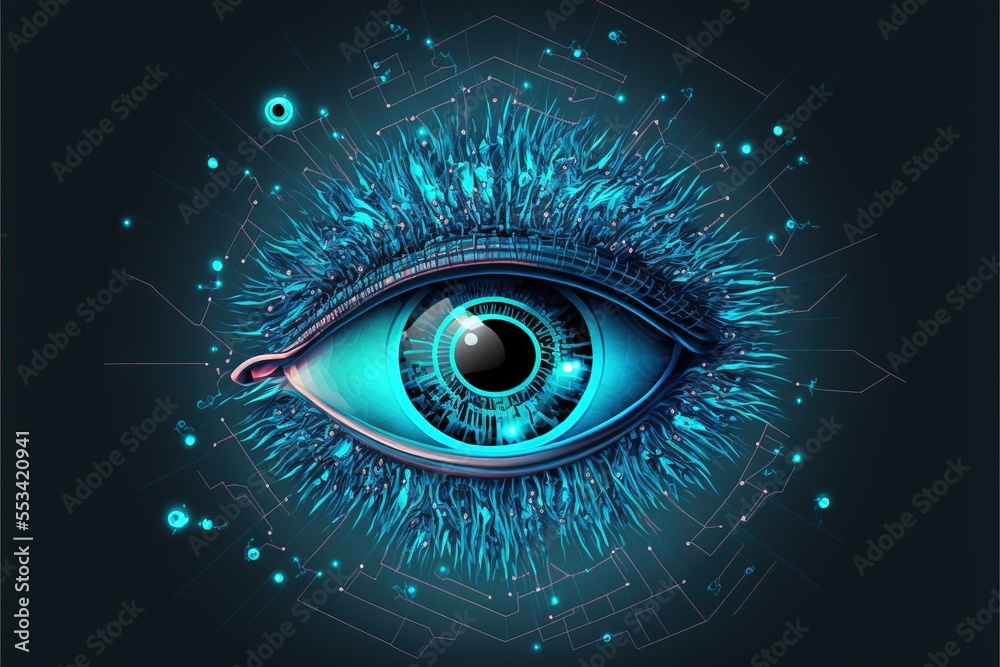 Fototapeta premium futuristic neural cyber eye with data and tech information Generative AI