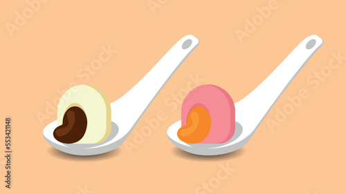 Sweet rice white and pink ball Tang Yang on a soup spoon. Vector illustration