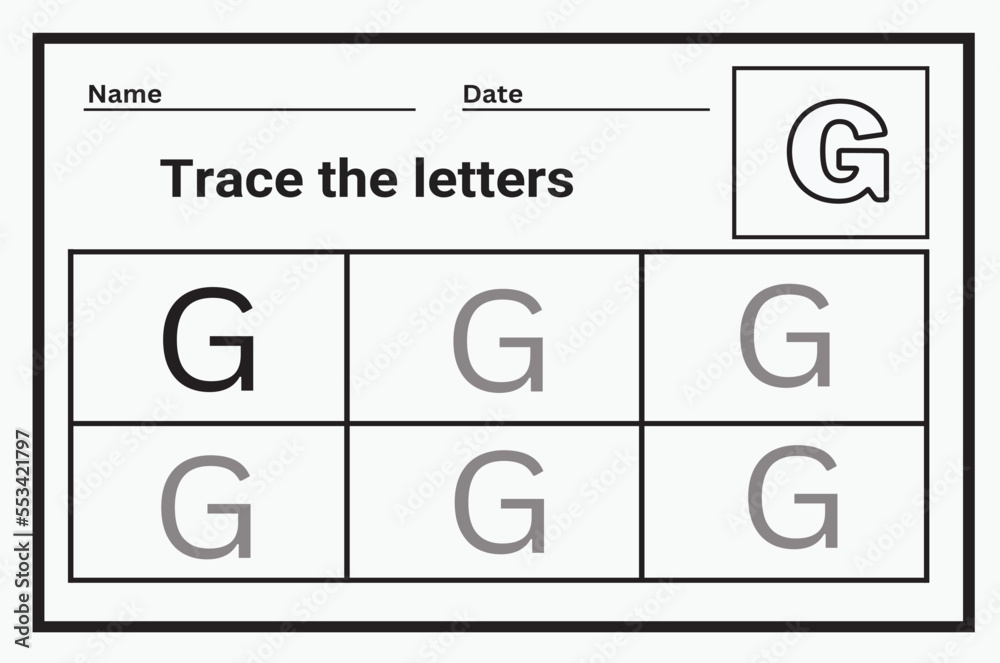 Alphabet tracing worksheet. A-Z writing pages. Letter G. uppercase and lowercase tracing. Handwriting exercise for kids. Printable worksheet. Alphabet tracing worksheet. A-Z writing pages. Letter G. uppercase and lowercase tracing. Handwriting exercise for kids. Printable worksheet.