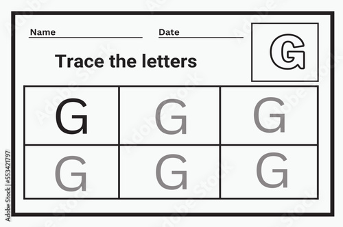 Alphabet tracing worksheet. A-Z writing pages. Letter G. uppercase and lowercase tracing. Handwriting exercise for kids. Printable worksheet.
