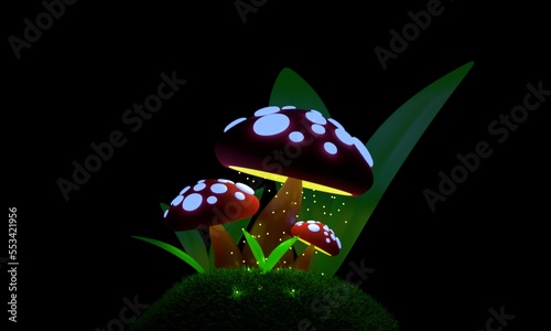 3d magical red amanita mushrooms in the ground with neon lights. Realistic render enchanted forest at night illuminated by glowing mushrooms visualization. Autumn seasonal banner.