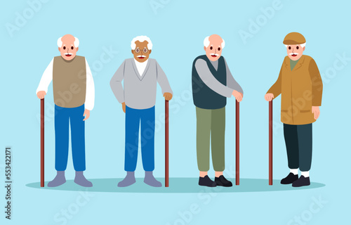 Old humpbacked people with cane . Cartoon characters design . Vector .