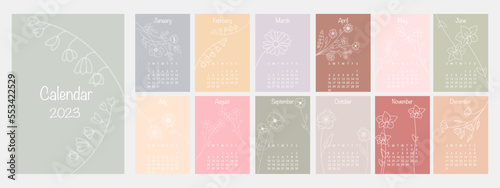 Vector calendar of 2023. Botanical themed calendar template. Calendar design concept with abstract seasonal flowers.