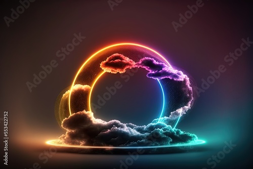 Abstract glowing circular shape with clouds on dark background Generative AI