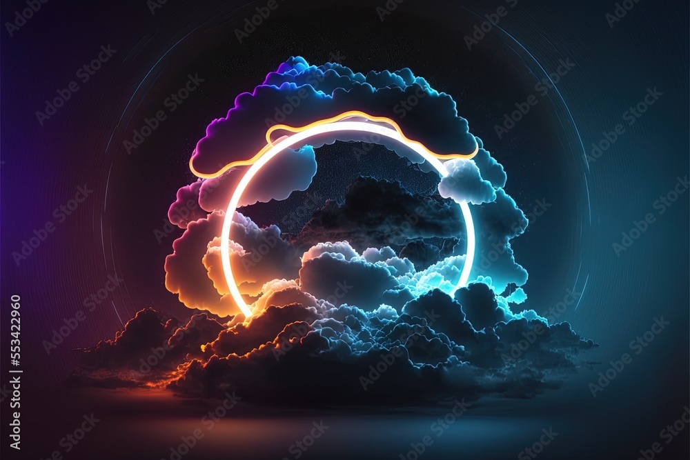 Obraz premium Abstract glowing circular shape with clouds on dark background Generative AI