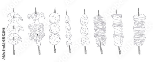 Vector black and white illustration of a Japanese kebab on a skewer. Asian cuisine wallpaper for menu, packaging, cafe, restaurant.