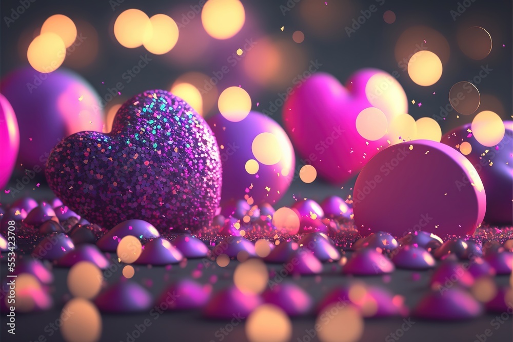 Bright festive background with inflatable hearts, sequins and bokeh Light Effect. Card background for Valentine's Day, Happy Birthday and so on. Generative Ai
