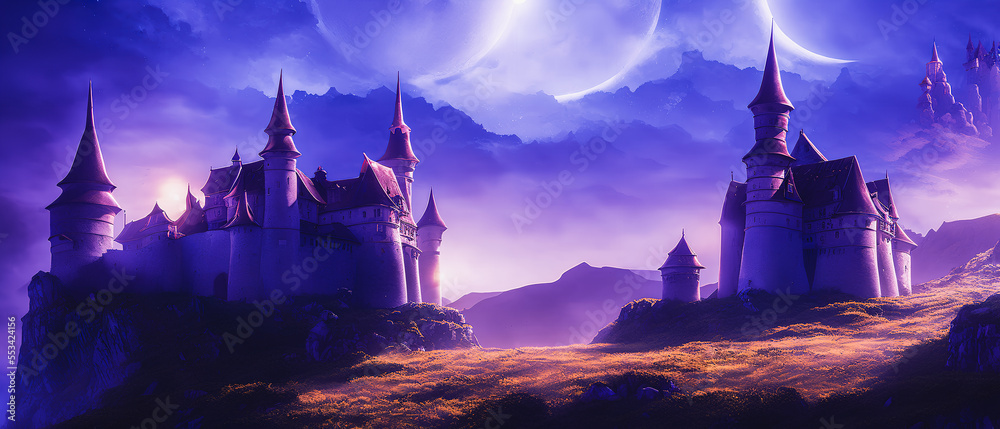 Naklejka premium Castle illustration on the meadow landscape.