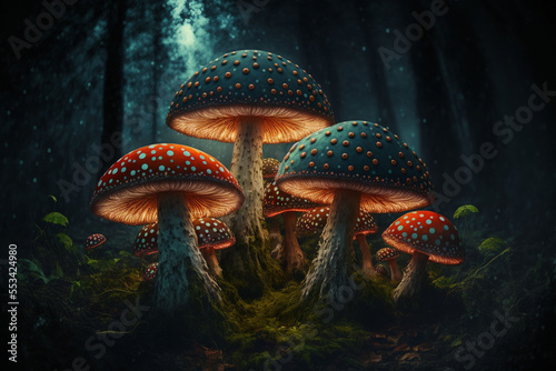 A group of forest fly agarics in a dark forest