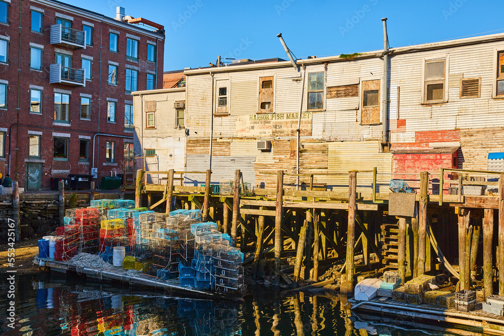 Fototapeta premium Portland port for fishing fresh seafood with containers for lobsters