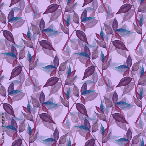 Seamless floral pattern with blue flowers with a violet tint drawn in watercolor. © qwertfak