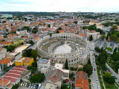 Pula Roman Pula Arena City Croatia drone aerial view .