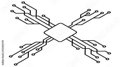 Silhouette of simple isometric schematic chip or component for microcircuits isolated on white background. Technical clipart. Vector.