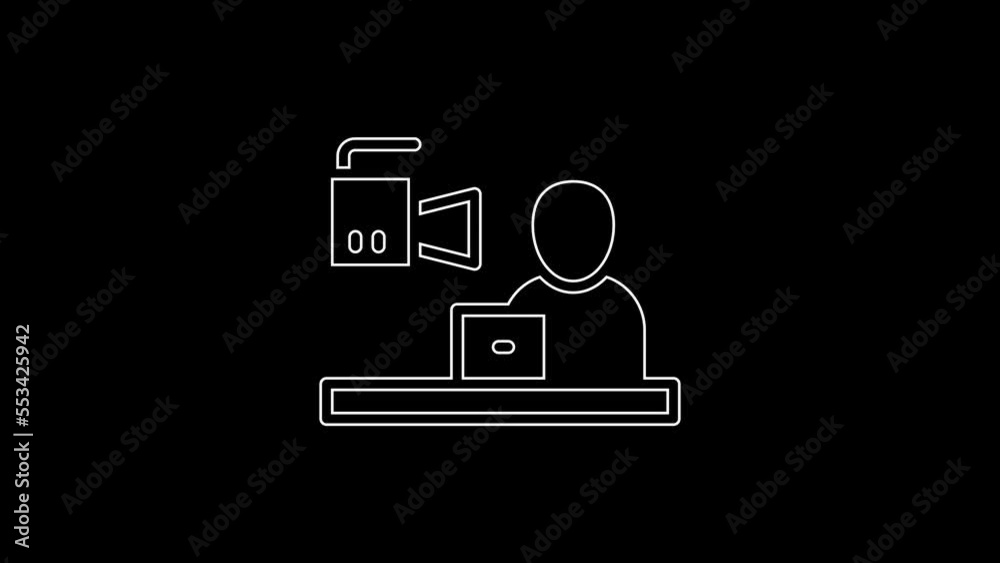 White line Breaking news icon isolated on black background. News on television. News anchor broadcasting. Mass media. Evening news. 4K Video motion graphic animation White line Breaking news icon isolated on black background. News on television. News anchor broadcasting. Mass media. Evening news. 4K Video motion graphic animation